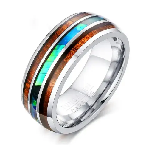 RTM156 8MM Tungsten Gold Men's Ring Wood Grain Shell Inlay Jewelry