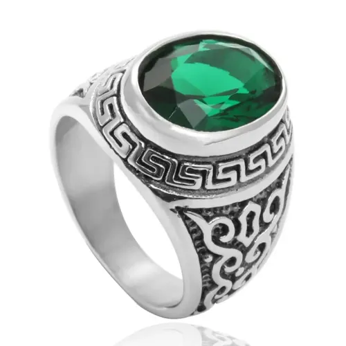 RTM2030 Emerald Diamond Stainless Steel Ring with Great Wall Pattern Design