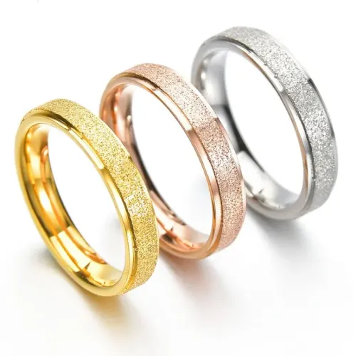 RTM2636 18K Gold-Plated 4mm Frosted Couple Ring Stainless Steel with Double Pressed Design