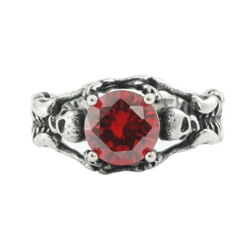 RTM1824 Stainless Steel Skull Ring with Hollow Design & Red Stone Gothic Ornament