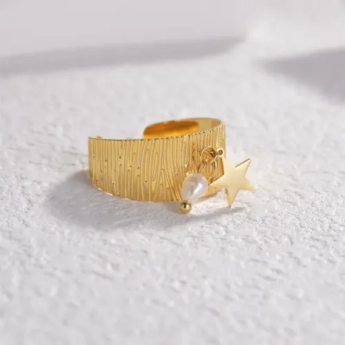 RTM2477 18K Gold Plated Stainless Steel Star Pearl Open Ring for Women