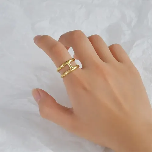 RTM2495 Elegant 14K Gold Double Line Open I-Shaped Ring for Women Chic Jewelry