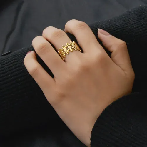 RTM2479 14K Gold Adjustable Open Ring for Women Exotic Hollow Stitching Stainless Steel