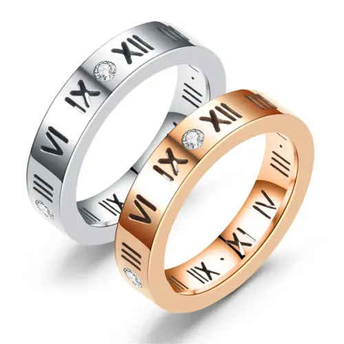 RTM2788 All-Season Roman Numeral Diamond Set Couple Rings Timeless Elegance