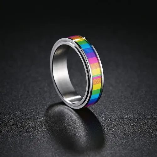 RTM1383 Rainbow Flag Rotating Stainless Steel Ring LGBTQ+ Pride Jewelry