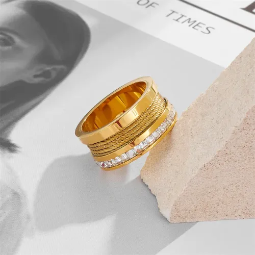 RTM2217 Elegant Women's Gold Stainless Steel Ring with Roman Numerals & Diamond Accent