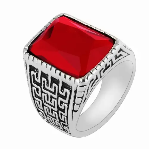 RTM2116 Square Gemstone Punk Ring Great Wall Pattern,Stainless Steel in Red & Black