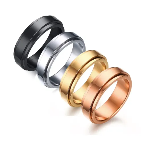 RTM172 Gold 6MM Rotating Stainless Steel Couple Rings Unisex Wedding Band Set