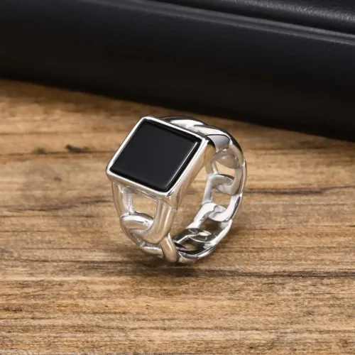 RTM183 Men's Punk Square Glass Stone Ring Stainless Steel Chain Design in Steel Color