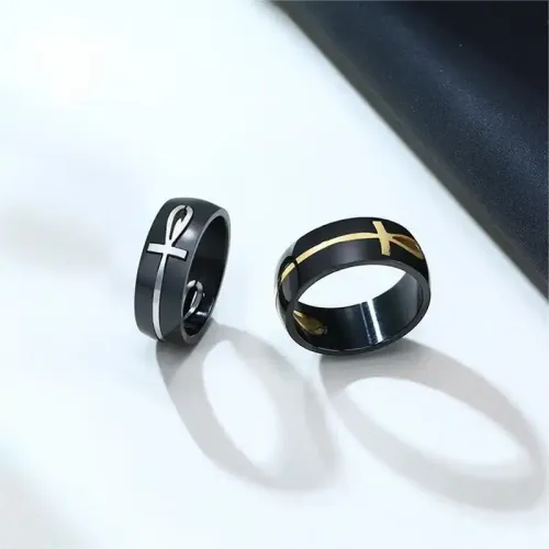 RTM178 Black Gold Stainless Steel Men's Ring Cross Ankh Jewelry for Him