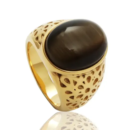 RTM2083 Women's Tiger Eye Gemstone Ring Hollow Stainless Steel Round Jewelry