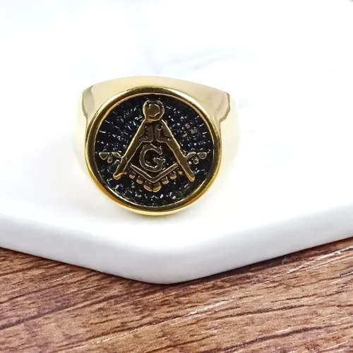 RTM419 AG Freemason 18K Black Titanium Steel Ring Geometric Punk French Stainless Jewelry