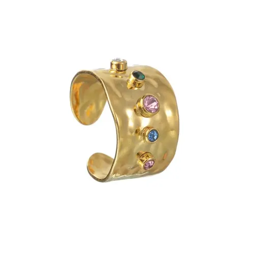 RTM2458 18K Gold Plated Stainless Steel Ring with Colored Zircon Adjustable Open Design for Women