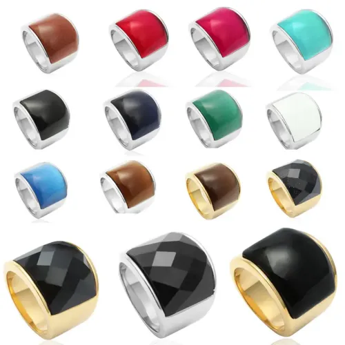 RTM2097 Unisex Multicolor Gemstone & Black Agate Stainless Steel Ring Stylish Large Band