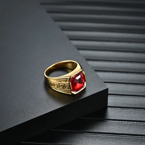 RTM1071 Fine Gold Plated Ruby Ring Stainless Steel with Great Wall Pattern for Men & Women