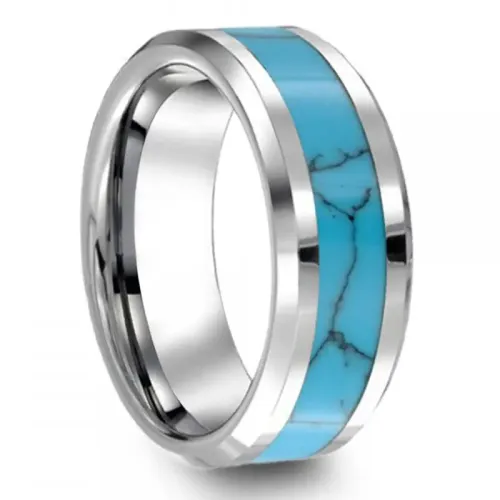 RTM1492 Customizable Stainless Steel & Tungsten Couple Rings Turquoise Blue Wedding Jewelry