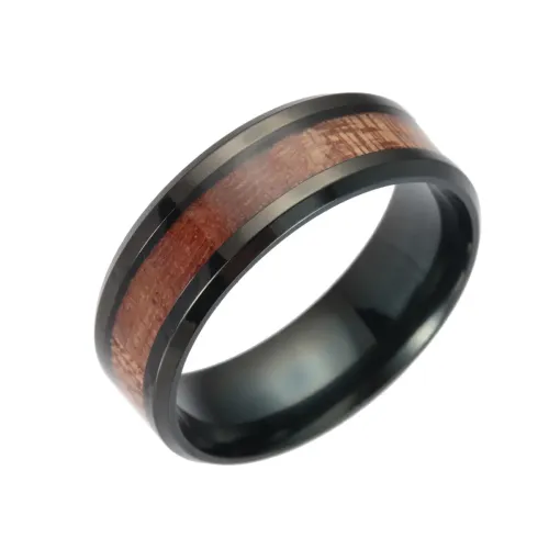 RTM1273 Men's Stainless Steel Ring with Inlaid Acacia Wood Grain Unique Jewelry