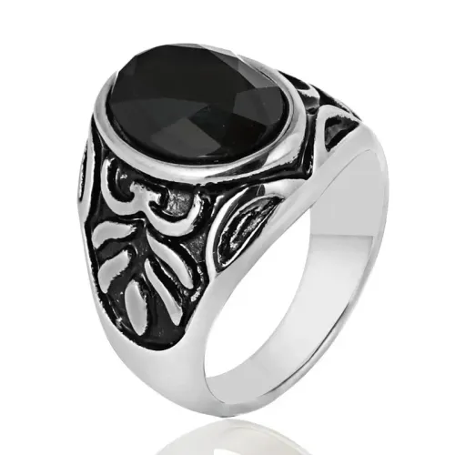 RTM2123 High-Quality Black Agate & Stainless Steel Ring with Punk Flower Pattern