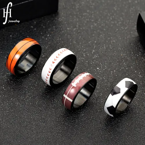 RTM2469 Sports-Themed Stainless Steel Rings Football,Basketball & Rugby Stress-Relief Rotating Jewelry