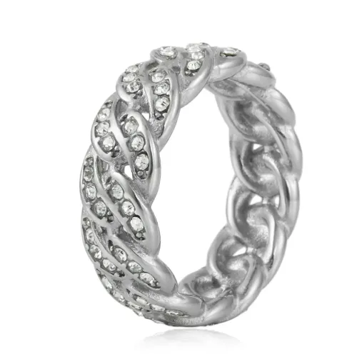 RTM1588 Women's Punk Braided Chain Ring Stainless Steel with Multi-Diamond Design