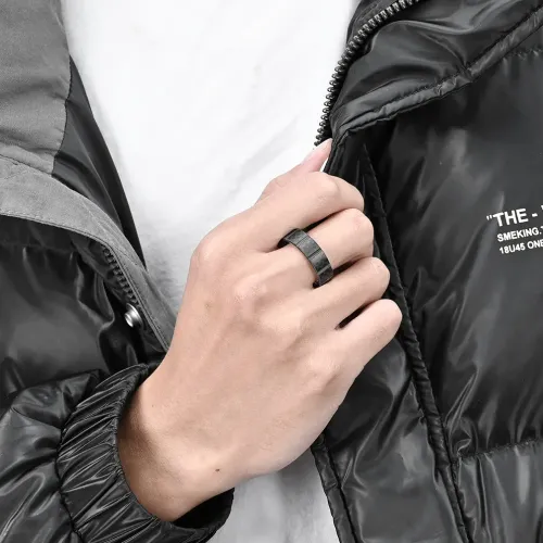 RTM1098 New Men's Carbon Fiber Black Stainless Steel Ring with Circumferential Grooving