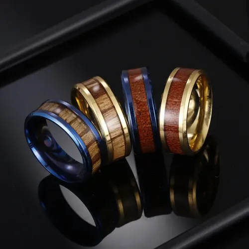 RTM1274 Teak Inlaid Stainless Steel Couple Wedding Rings Elegant Bridal Jewelry