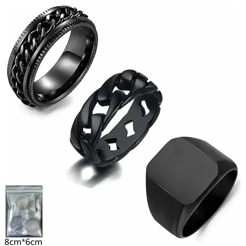 RTM1455 Men's Stainless Steel Jewelry Set: Seal Ring,Decompression Chain & Turning Link Black