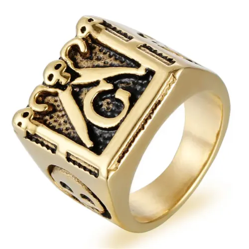 RTM2150 Gold Stainless Steel Masonic Ring Religious Punk Goth Style for Men