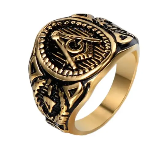 RTM648 Gold AG Logo Masonic Ring Titanium Steel Punk Jewelry for Men