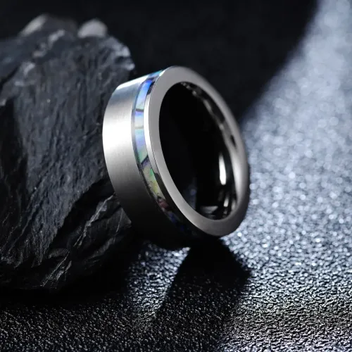 RTM1473 8MM Tungsten Steel Men's Ring with Sand Surface & Shell Inlay Elegant Jewelry
