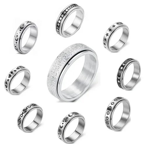 RTM829 Stress Reduction Meditation Ring Stainless Steel Star and Moon Rotating Jewelry