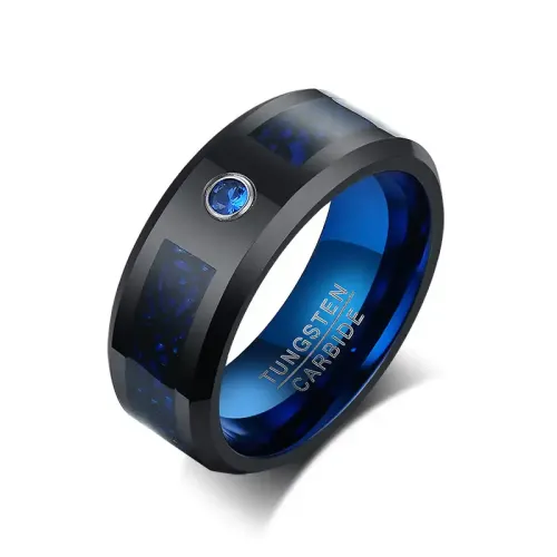 RTM50 8MM Tungsten Steel Ring with Blue Black Carbon Fiber Men's Zircon Inlaid Band
