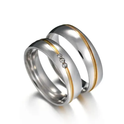 RTM2598 Stainless Steel Couple Rings with Gold Slash & Diamond Detailing