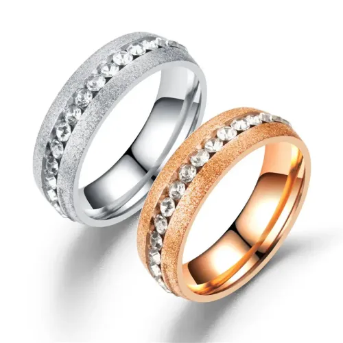 RTM2756 Frosted Diamond-Studded Single Row Couple Rings in Steel & Rose Gold