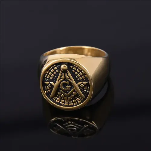 RTM255 Gold Plated Masonic AG Logo Ring Men's Blackened Cast Religious Jewelry