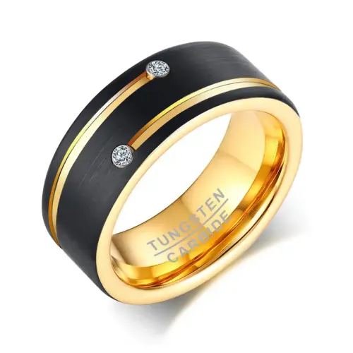 RTM97 Black and Gold Tungsten Steel Ring with Fluted Dual Zircon Design Elegant Jewelry