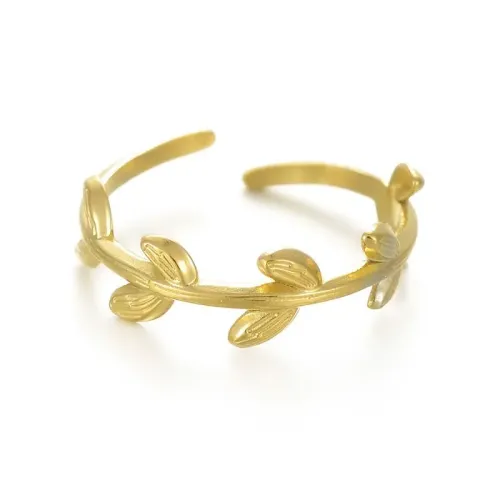RTM2526 14K Gold Leaf-Shaped Open Adjustable Women's Ring Stainless Steel Jewelry