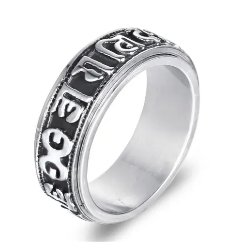 RTM2149 Punk Stainless Steel Turning Ring with Six Character Mantra Fashionable Accessory