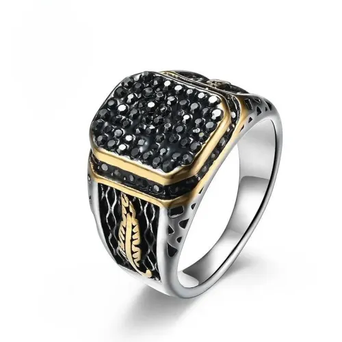 RTM1088 Custom Stainless Steel Men's Ring with Black Stone Sleek & Modern