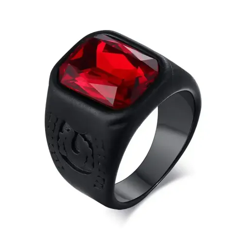 RTM125 Red Glass Black Stainless Steel Ring Fashionable Finger Jewelry for All
