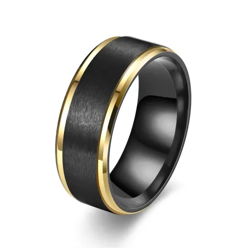 RTM2885 Black Bevel Step Gold Two-Tone Ring Sleek Unisex Fashion Accessory