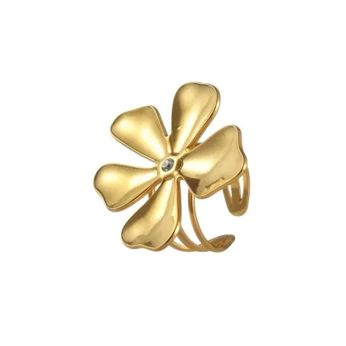 RTM2452 18K Gold Plated Stainless Steel Open Ring Lucky Five Leaf Clover Design