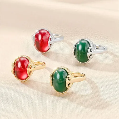 RTM666 Elegant Stainless Steel Palace Rings for Women Chalcedony & Ruby Couple Diamond Pair