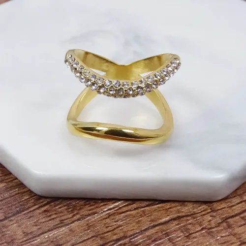 RTM413 18K Gold Women's Diamond Zircon Geometric Band Titanium Stainless Steel Ring