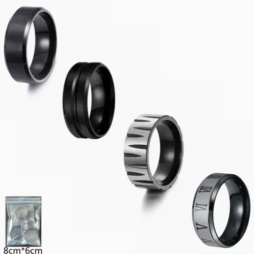 RTM1433 Men's Black Stainless Steel Ring Set 4 Pieces,Standard US Sizes Available