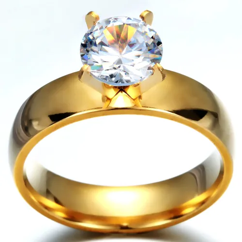 RTM2606 Luxury Gold Plated Stainless Steel Ring with Single Zirconia Elegant Jewelry