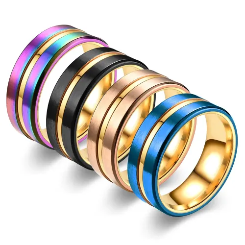 RTM2862 Beveled Edge Slotted Black Shaded Colorful Blue Ring Chic Jewelry Design