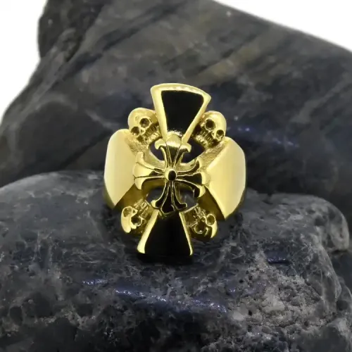 RTM280 Gold-Plated Titanium Steel Skull Cross Ring Punk Style Unisex Jewelry