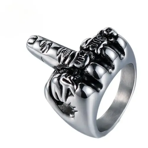 RTM645 Titanium Steel Middle Finger Totem Ring Bold Men's Religious Jewelry