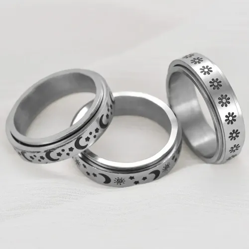 RTM2492 Sun Moon Stars & Flower Rotatable Unisex Ring Stainless Steel Anti-Corrosion